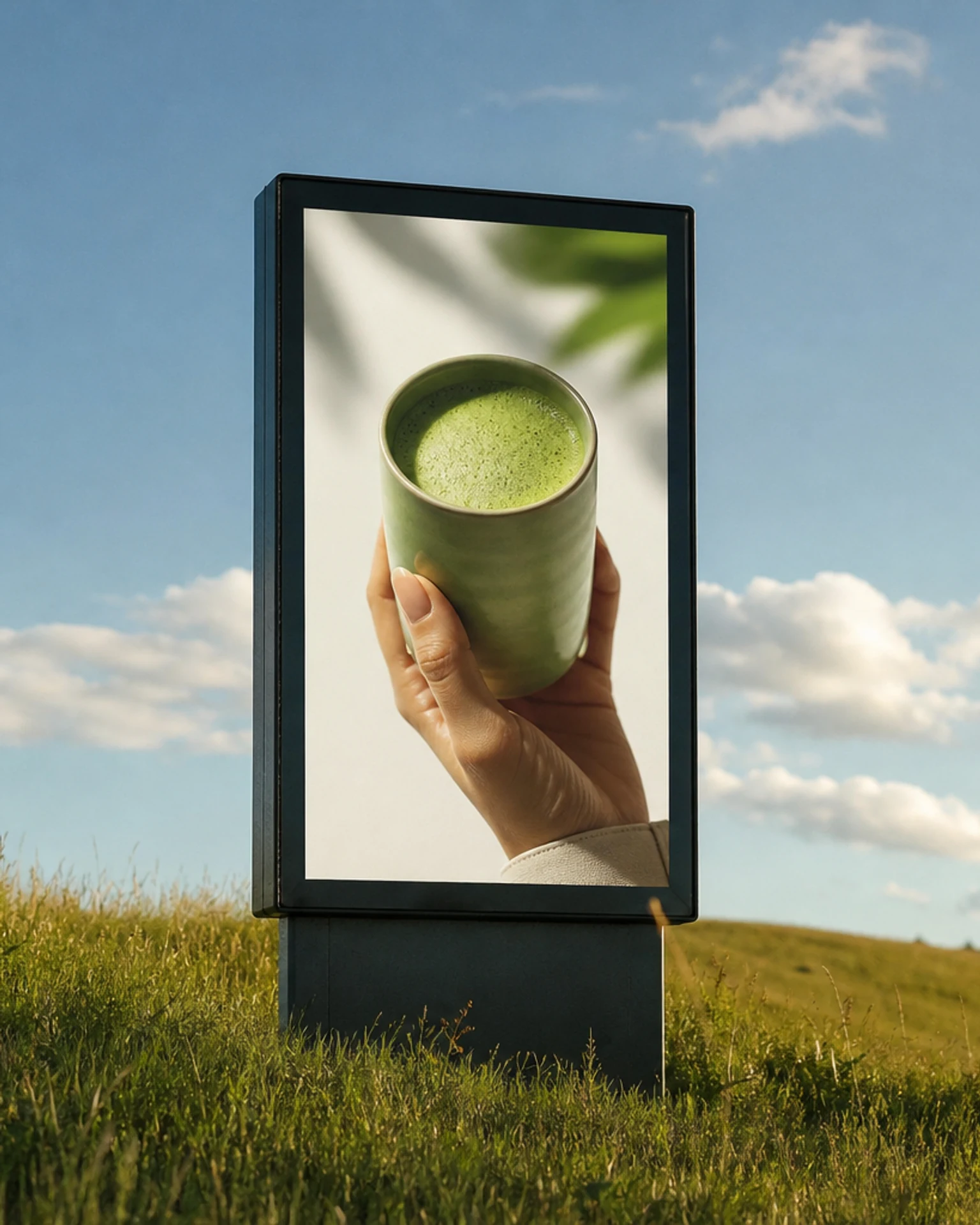 Editorial-Szene mit vertikaler Werbetafel auf grasigem Hügel unter blauem Himmel, Display zeigt Matcha-Werbung mit Hand und Becher