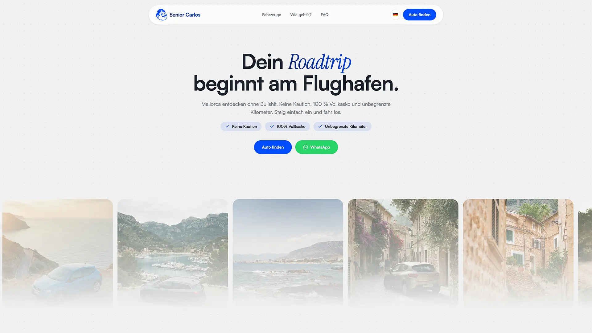 Moderne Unternehmenswebsite im Browser-Mockup, Referenzprojekt Senior Carlos Mietwagen Mallorca mit klarer Conversion-Struktur, erstellt von Boldhouse